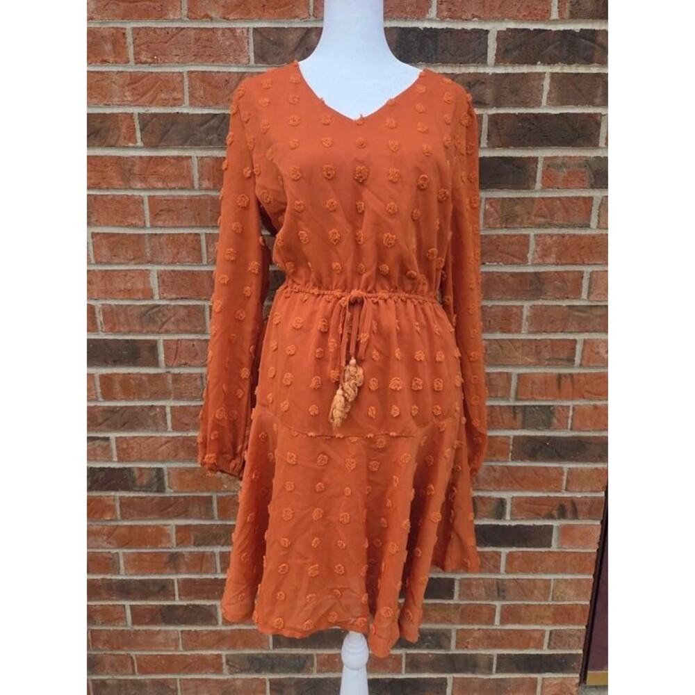 Kirundo Womens Small Rust Orange Swiss Dot Long Sleeve Boho Dress Tassel Tie